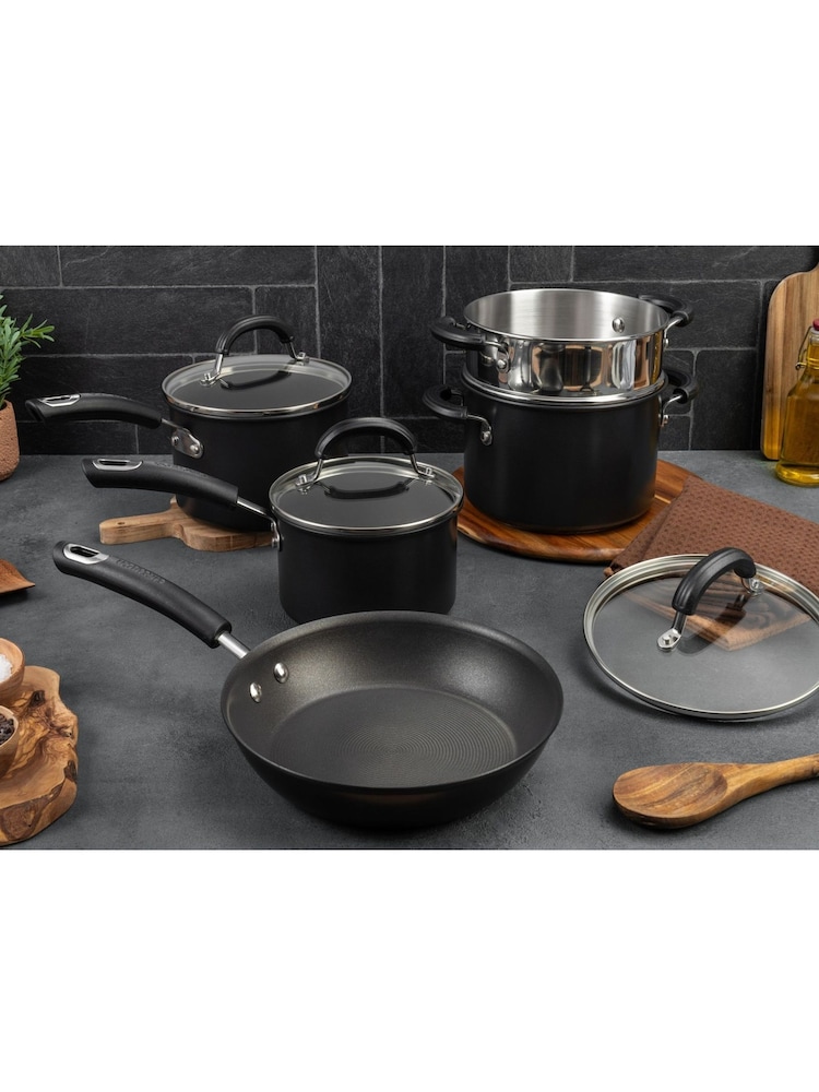 Circulon 5 Piece Black Total Hard Anodised Non Stick Set 14 16 SP 20cm Saucepot With Toughened Glass Lids 25cm Frying Pan 20cm Stainless Steel Steamer Insert - Image 2 of 10 Circulon 5 Piece Black Total Hard Anodised Non Stick Set 14 16 SP 20cm Saucepot With Toughened Glass Lids 25cm Frying Pan 20cm Stainless Steel Steamer Insert - Image 2 of 10