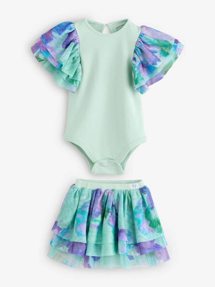 Angel & Rocket Green Lois Mint Floral Tutu And Frill Sleeve Bodysuit Set - Image 1 of 7