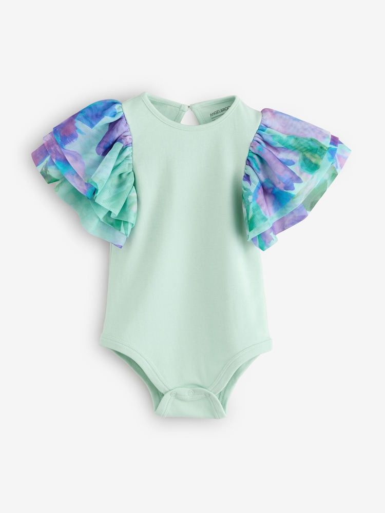 Angel & Rocket Green Lois Mint Floral Tutu And Frill Sleeve Bodysuit Set - Image 2 of 7