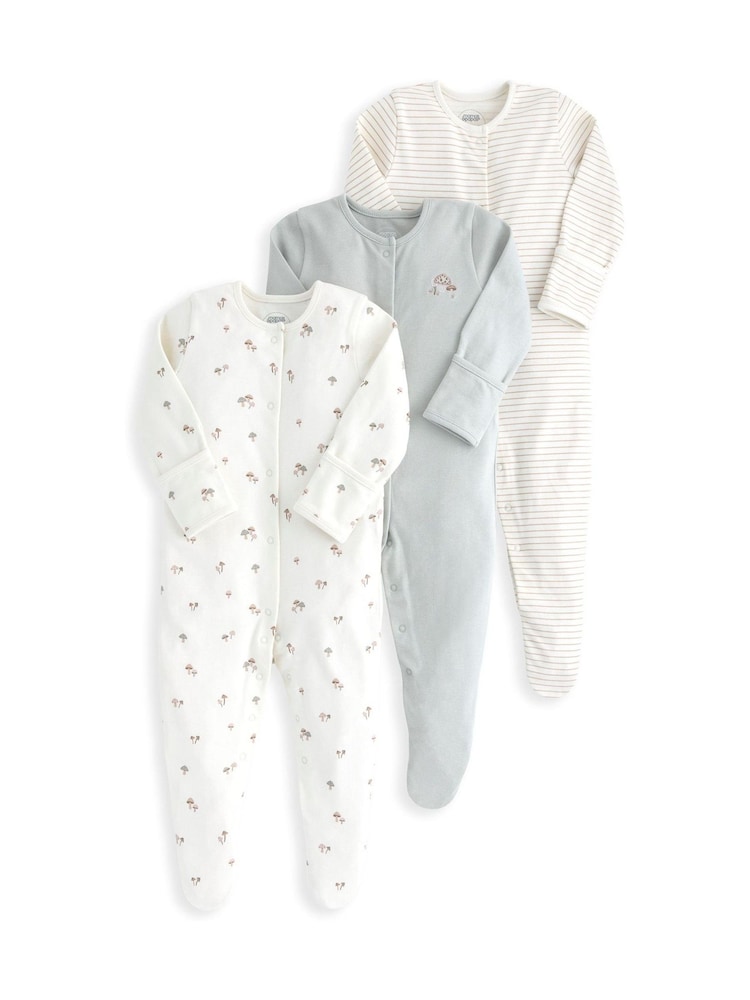 Mamas & Papas Grey Mushroom Prints 100% Cotton Sleepsuits 3 Pack - Image 1 of 2