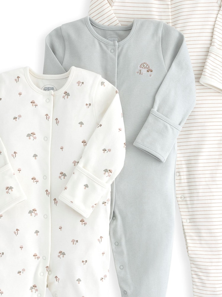 Mamas & Papas Grey Mushroom Prints 100% Cotton Sleepsuits 3 Pack - Image 2 of 2