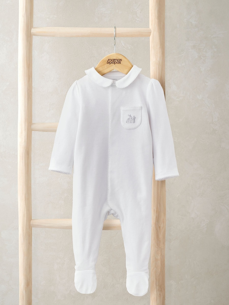 Mamas & Papas Rabbit 100% Cotton White Embroidered Sleepsuit With Collar - Image 1 of 3