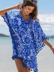 Pour Moi Blue Double Cloth Fringe Trim 100% Cotton Kaftan - Image 1 of 4