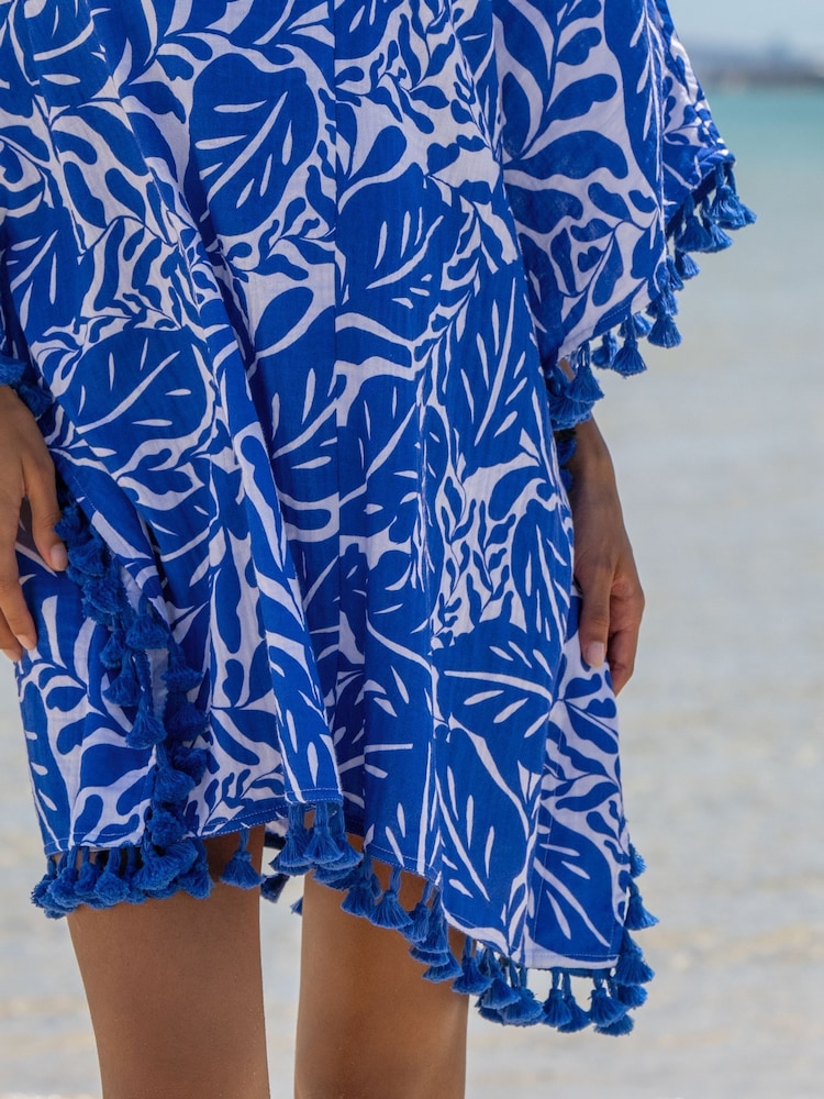 Pour Moi Blue Double Cloth Fringe Trim 100% Cotton Kaftan - Image 2 of 4