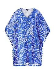 Pour Moi Blue Double Cloth Fringe Trim 100% Cotton Kaftan - Image 3 of 4