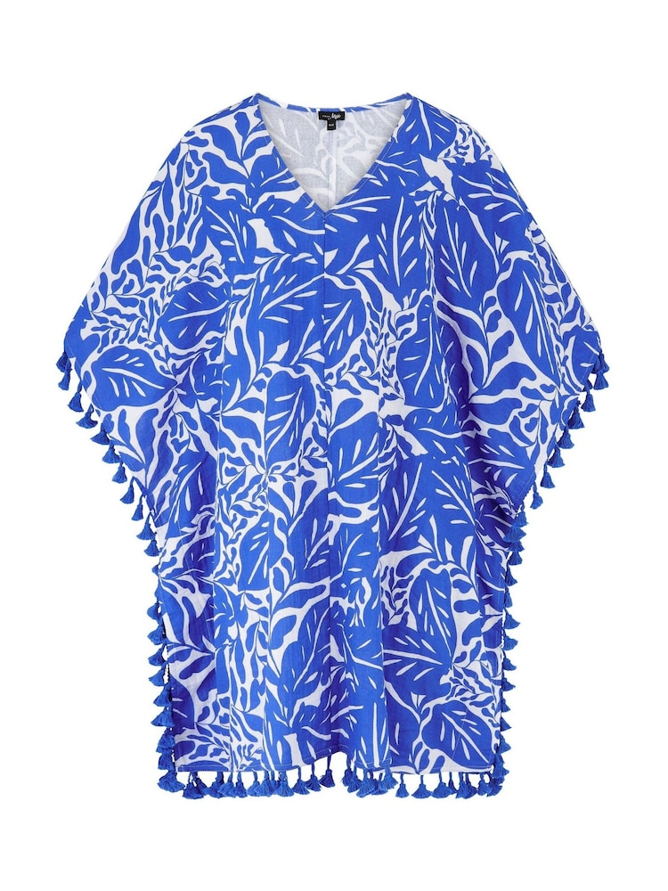 Pour Moi Blue Double Cloth Fringe Trim 100% Cotton Kaftan - Image 3 of 4