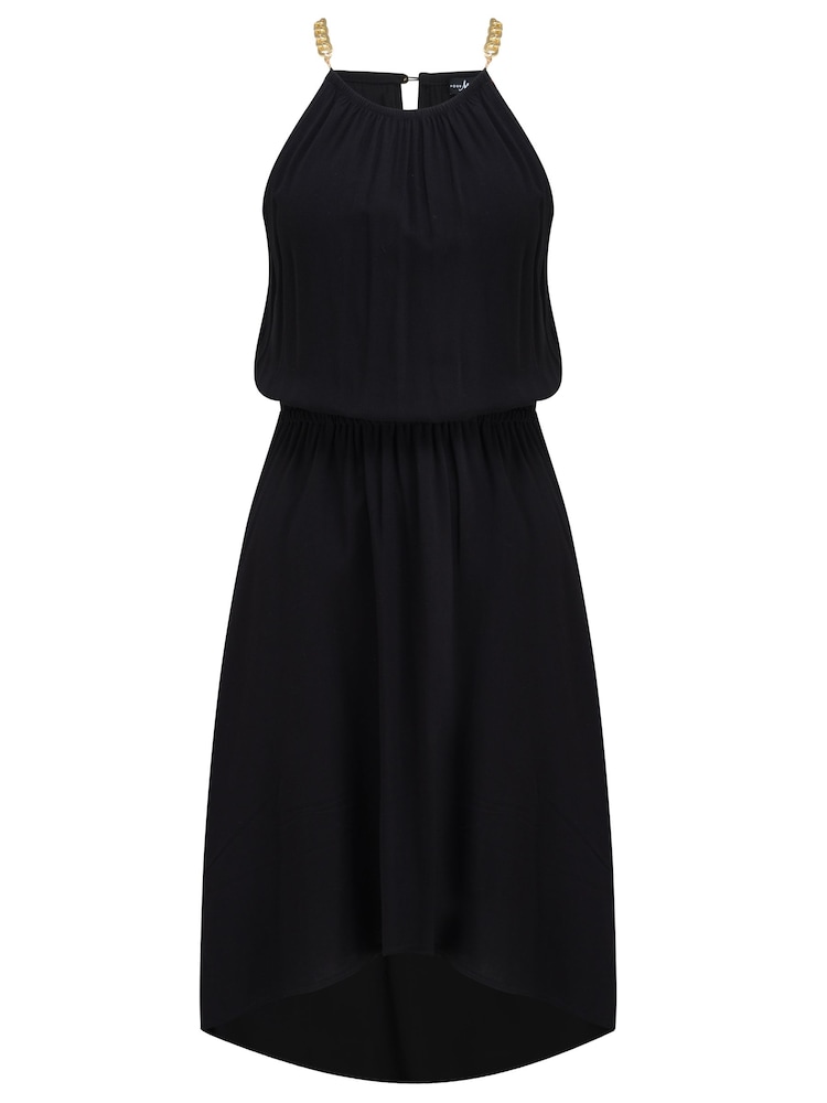 slim fit dress slacks GOLDEN BABY MAXI SATIN DRESS WITH GOLD CHAIN TRIM BLACK – AKIRA main image 1