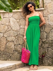 Pour Moi Green Strapless Shirred Bodice Woven Maxi Beach Dress - Image 1 of 4