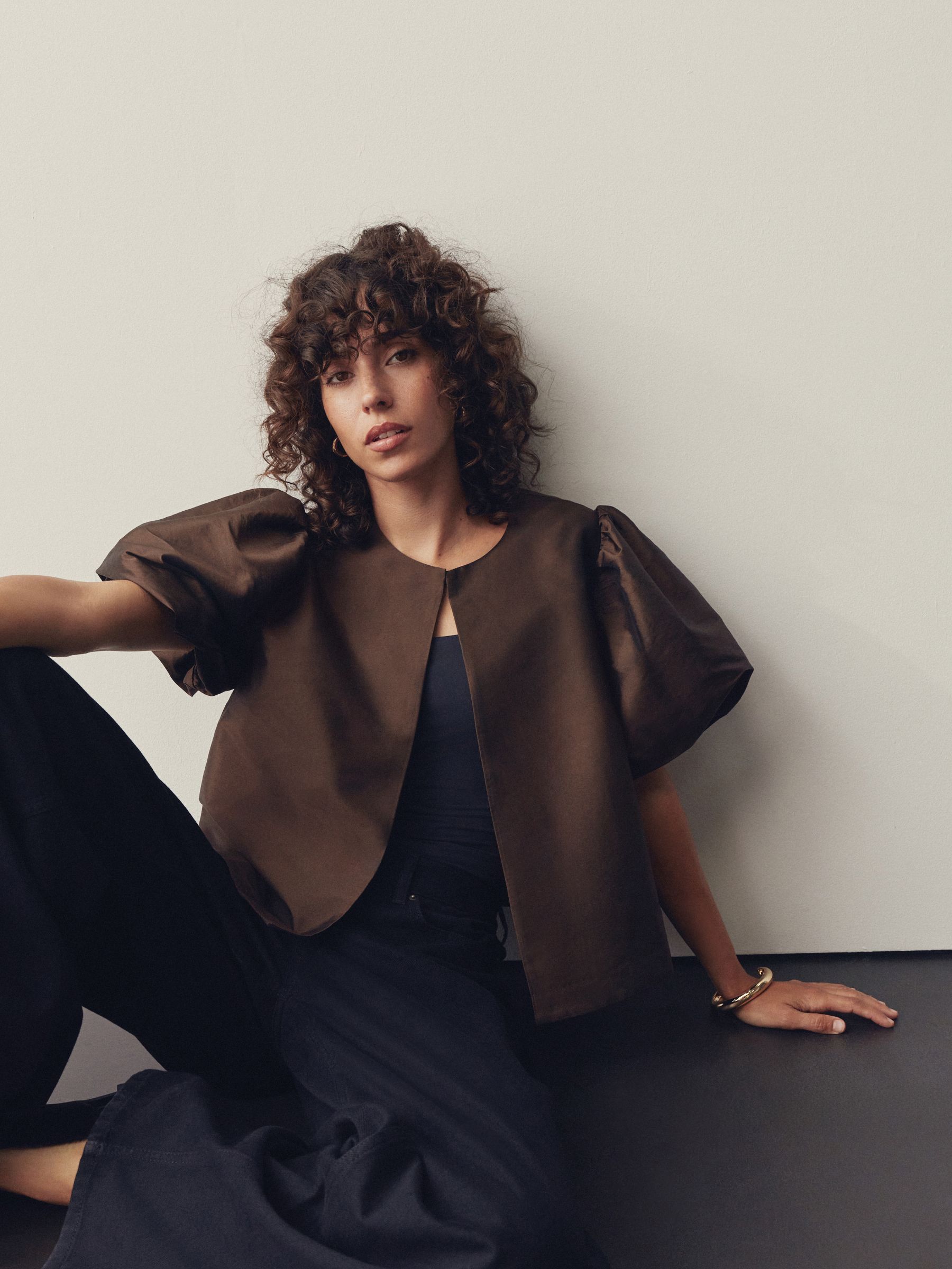 Buy Chocolate Brown Puff Sleeve eaphi volume sleeve short jacket 