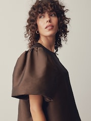 Chocolate Brown Bubble Sleeve Cropped Jacket - Image 4 of 8