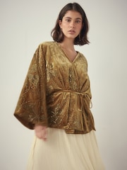 Gold - Velvet Embroidered Tie Waist Jacket - Bild 1 von 11