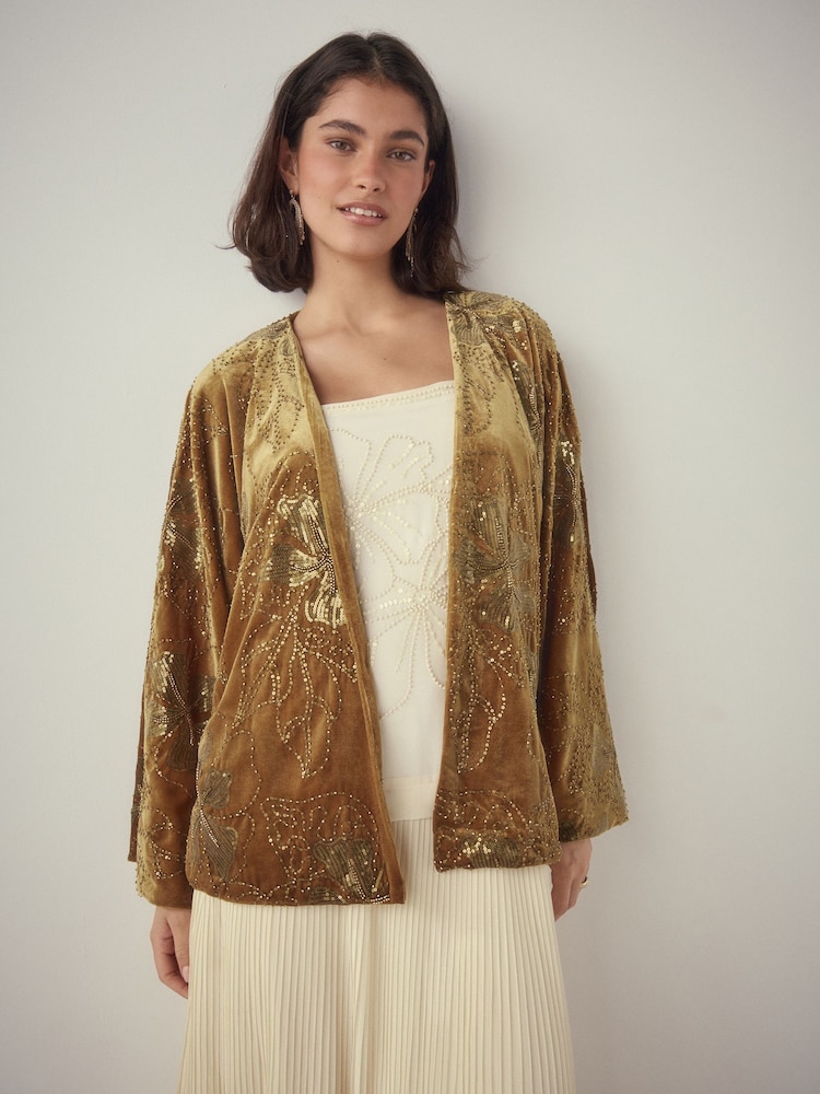 Gold - Velvet Embroidered Tie Waist Jacket - Bild 2 von 11