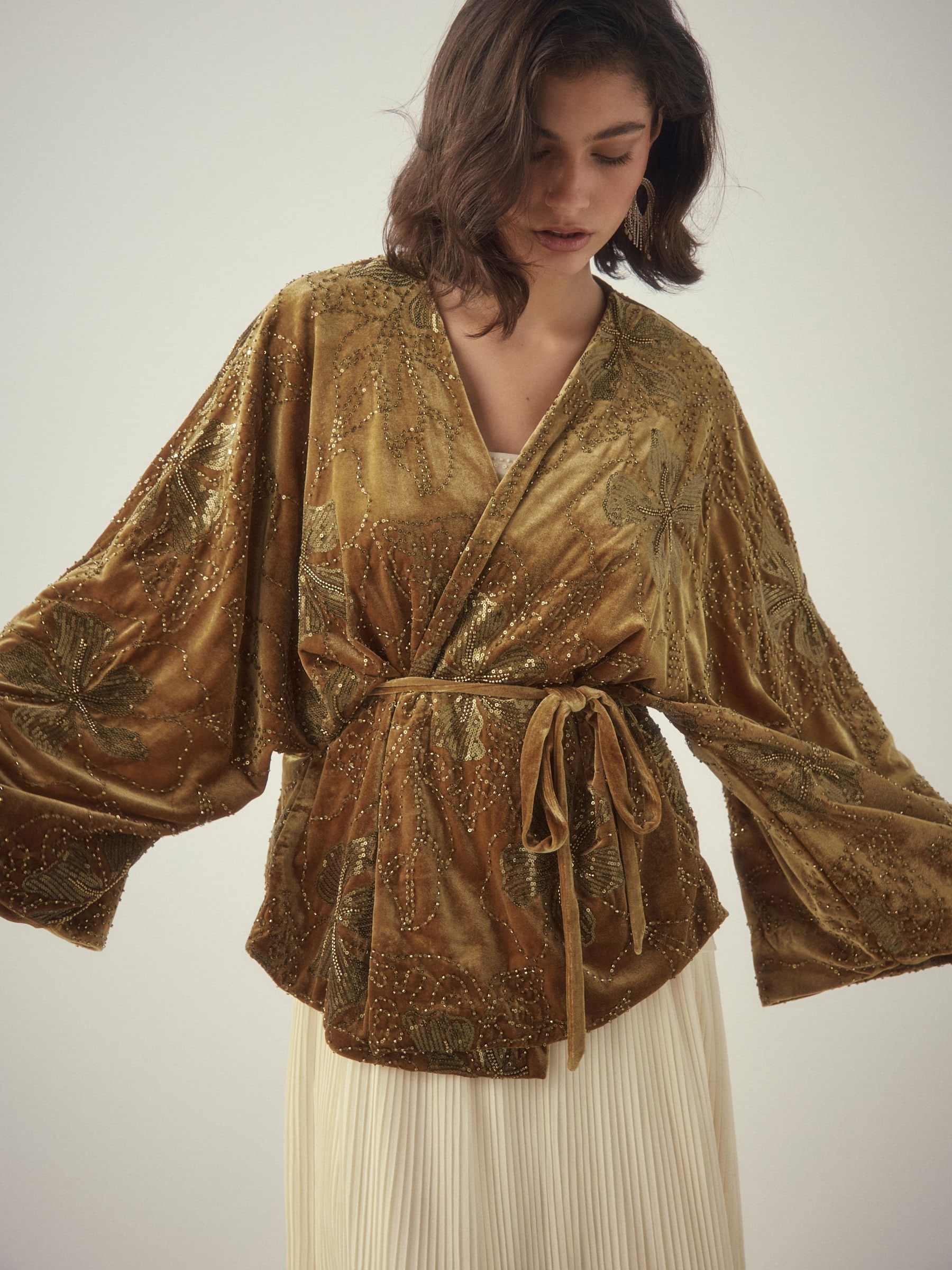 Buy Gold Velvet Embroidered Tie Waist Jacket from Next USA