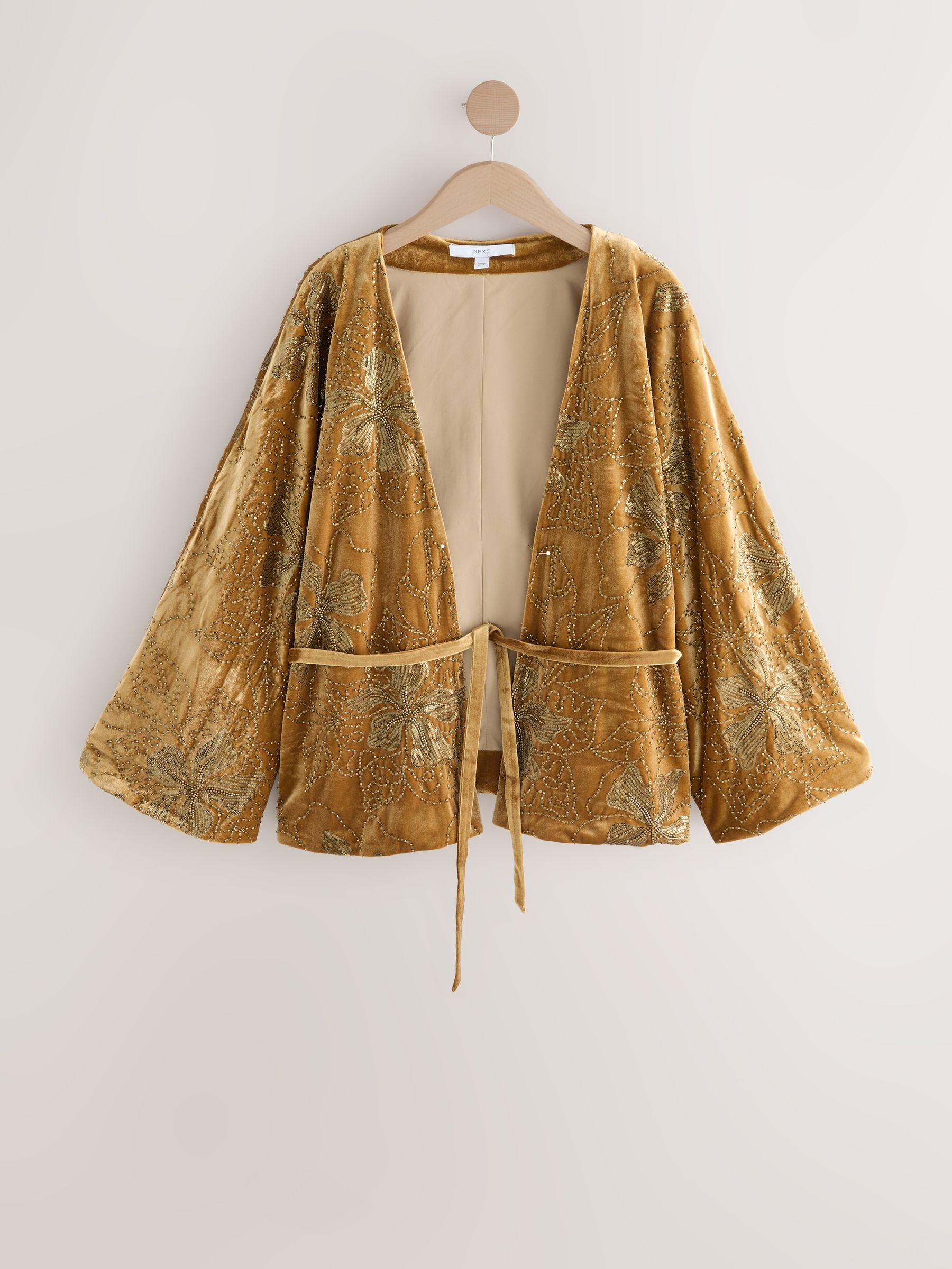 Buy Gold Velvet Embroidered Tie Waist Jacket from Next USA