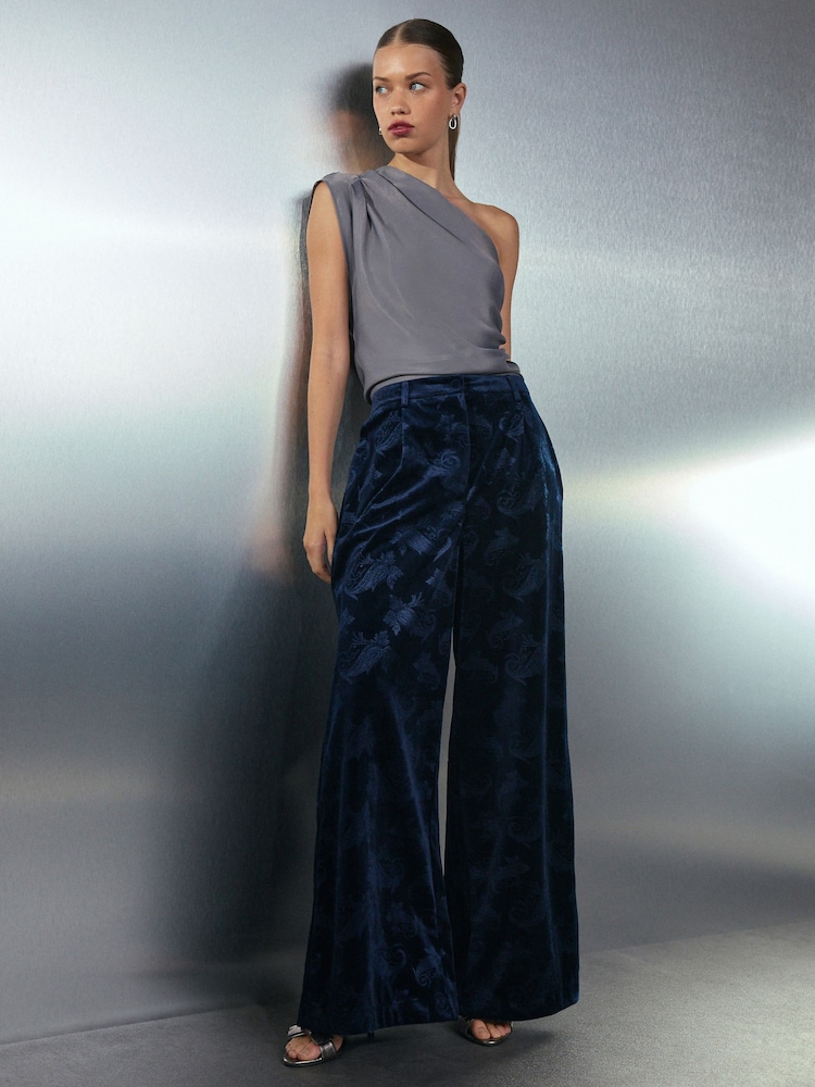 Navy Velvet Embossed Wide Leg Trousers - Image 1 of 8 Navy Velvet Embossed Wide Leg Trousers - Image 1 of 8