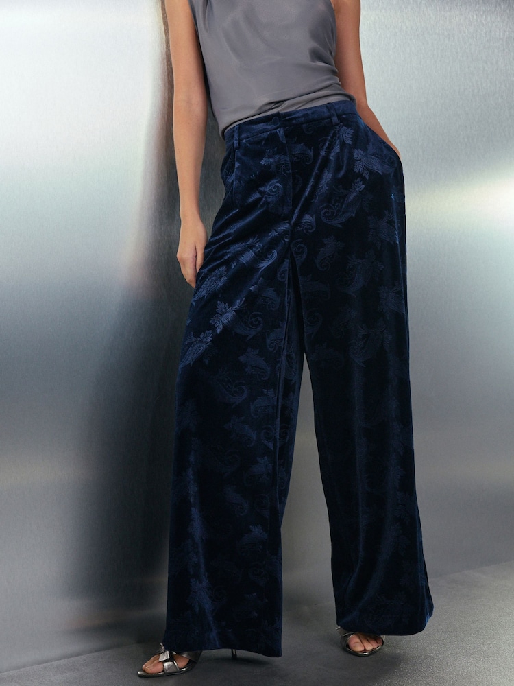 Navy Velvet Embossed Wide Leg Trousers - Image 2 of 8 Navy Velvet Embossed Wide Leg Trousers - Image 2 of 8