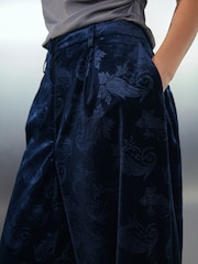 Navy Velvet Embossed Wide Leg Trousers - Image 5 of 8