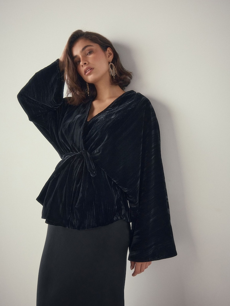 Schwarz - Velvet Embroidered Tie Waist Jacket - Bild 1 von 9