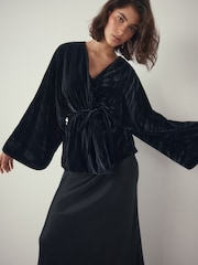 Schwarz - Velvet Embroidered Tie Waist Jacket - Bild 2 von 9
