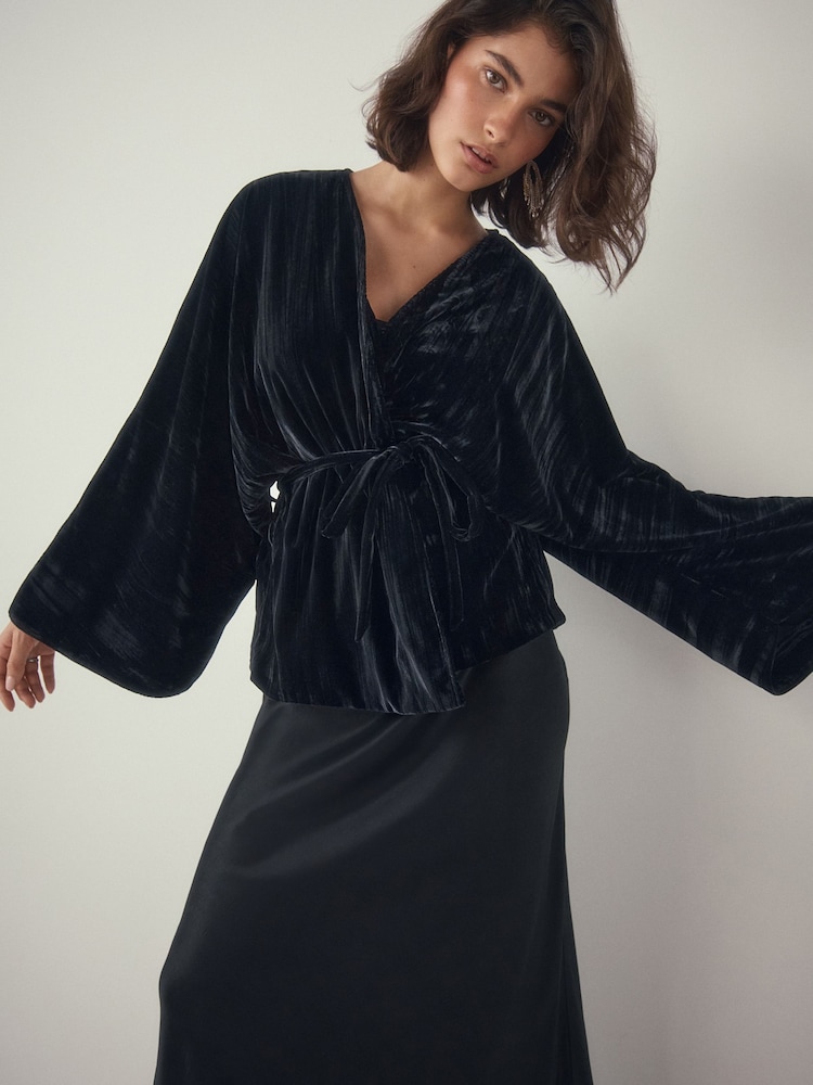 Schwarz - Velvet Embroidered Tie Waist Jacket - Bild 2 von 9