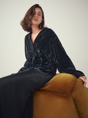 Schwarz - Velvet Embroidered Tie Waist Jacket - Bild 4 von 9