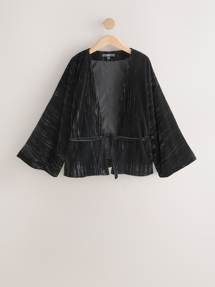 Black Velvet Embroidered Tie Waist Jacket - Image 9 of 9 Black Velvet Embroidered Tie Waist Jacket - Image 9 of 9