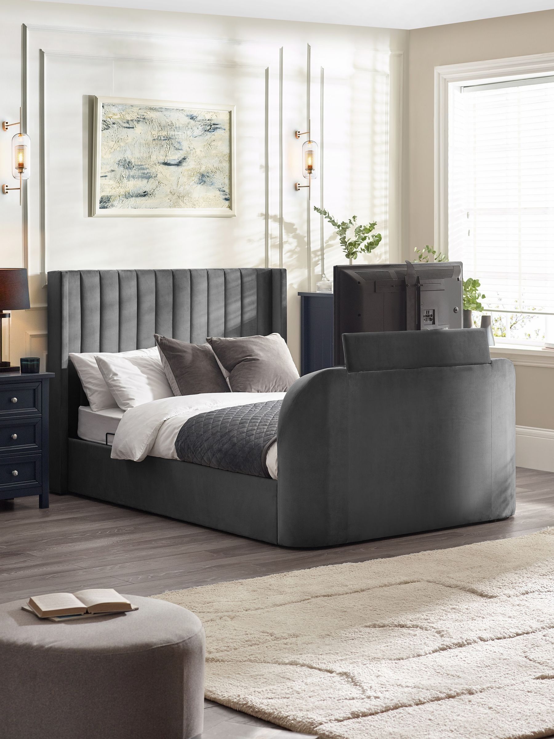 Julian Bowen Clara Dark Grey Fabric Ottoman TV Bed Frame - 6ft Super King Size - Image 3