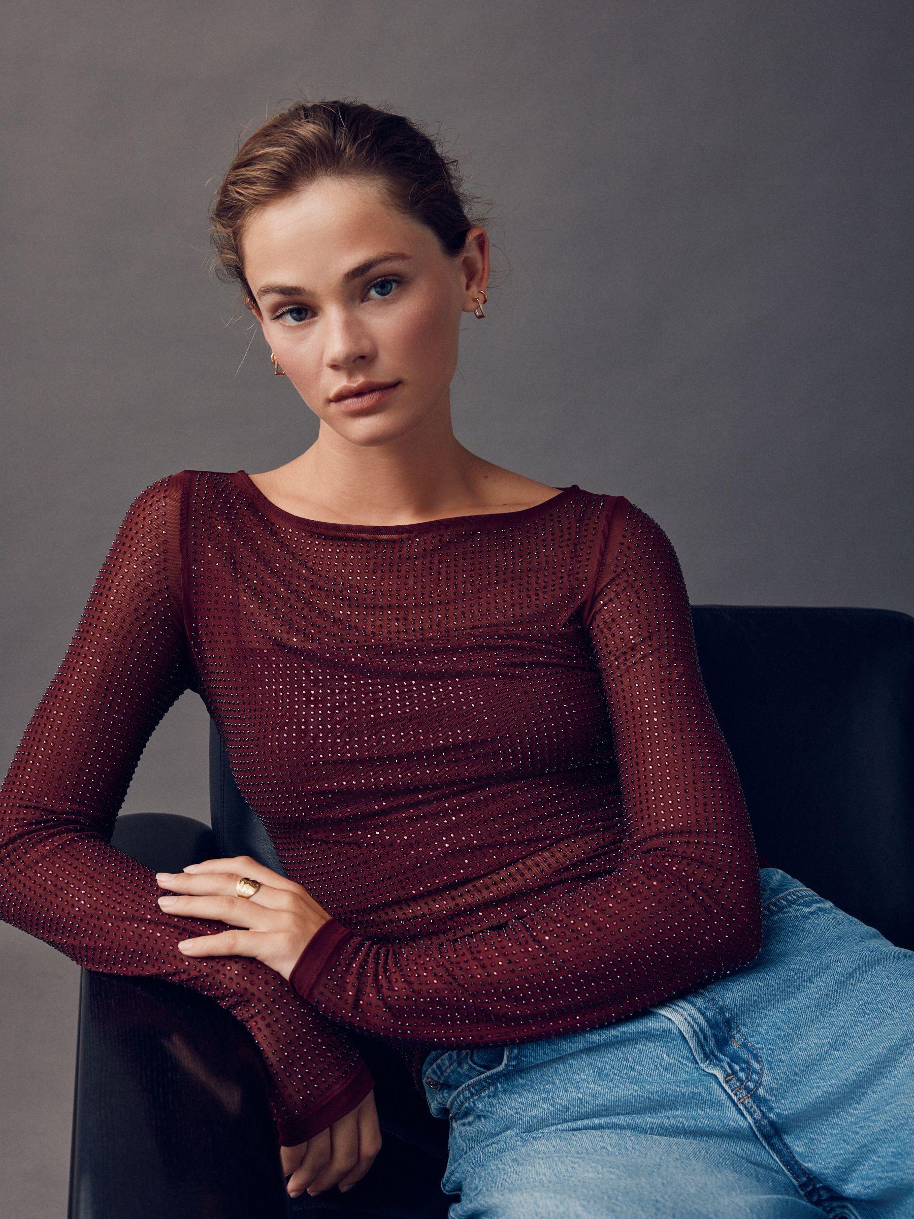 Buy Burgundy Red Long Sleeve Slash Neck Embellished Sparkle Mesh