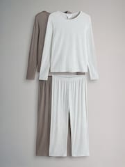 The Set Mink/Grey 2 Pack Soft Touch Ribbed Long Sleeve Leg Pyjamas - Image 1 of 7