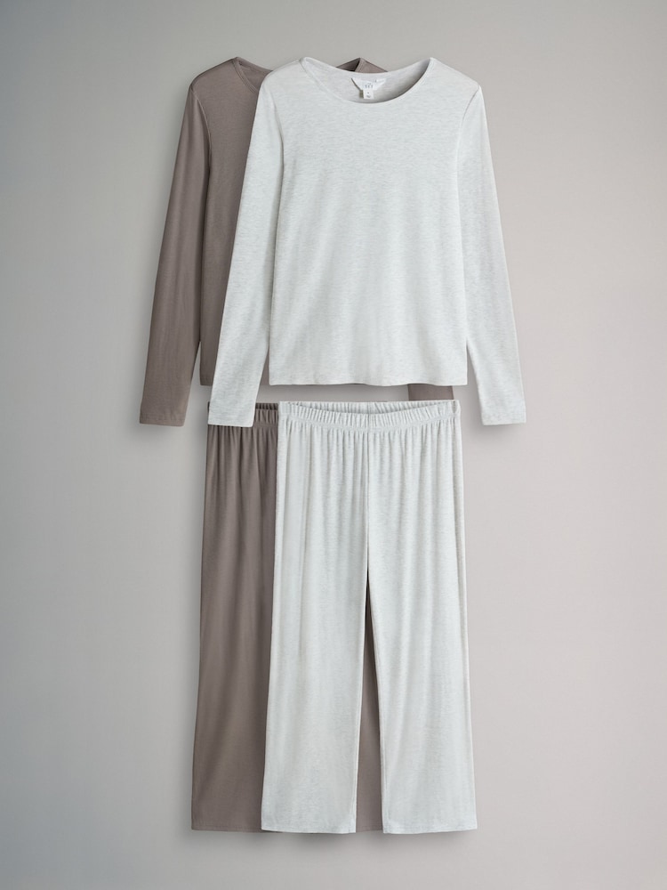 The Set Mink/Grey 2 Pack Soft Touch Ribbed Long Sleeve Leg Pyjamas - Image 1 of 7