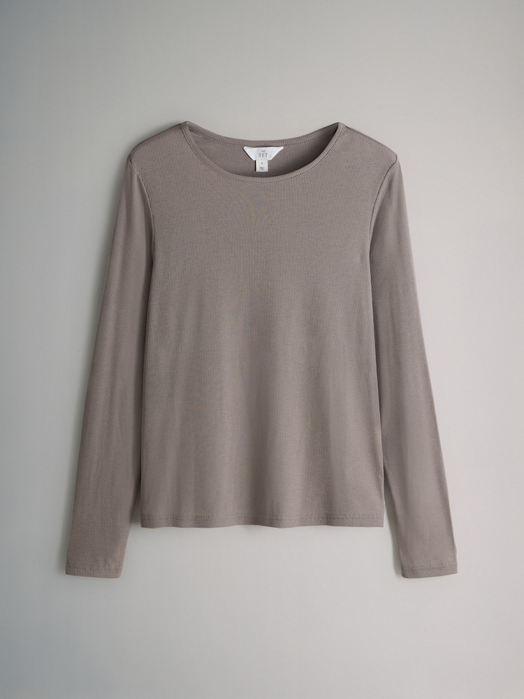 The Set Mink/Grey 2 Pack Soft Touch Ribbed Long Sleeve Leg Pyjamas - Image 2 of 7