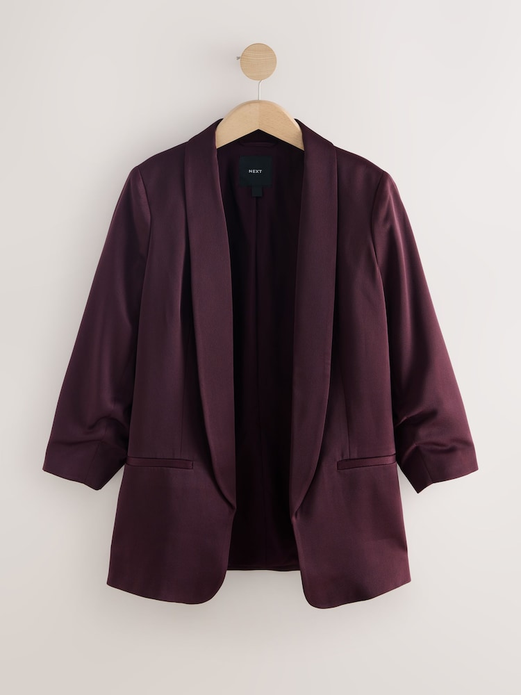 Berry Red Satin Relaxed Ruched Sleeve Blazer - Image 1 of 3 Berry Red Satin Relaxed Ruched Sleeve Blazer - Image 1 of 3