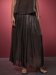 Chocolate Brown Metallic Pleated Maxi Skirt - Image 3 of 7