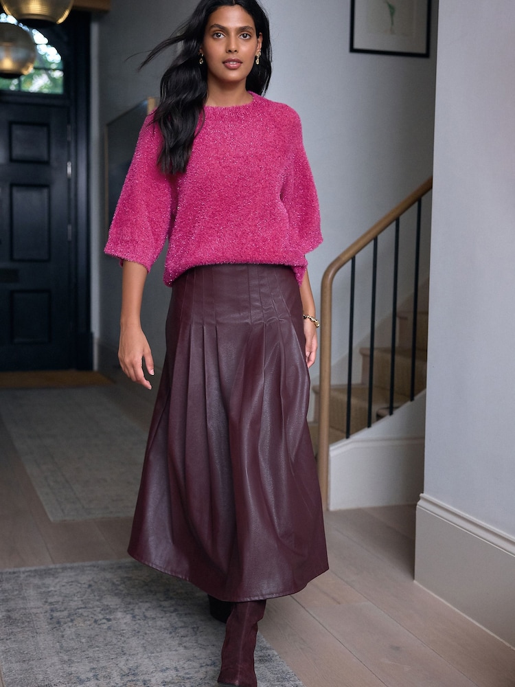 Berry Red Faux Leather Midi Kilt Skirt - Image 1 of 8