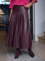 Berry Red Faux Leather Midi Kilt Skirt - Image 3 of 8