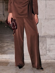 Chocolate Brown Satin Elastic Back Wide Leg Trousers - Image 1 of 8