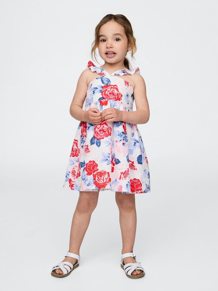 Gap White/Red Floral Linen-Cotton Flutter V-Neck Dress (6mths-5yrs) - Image 1 of 3