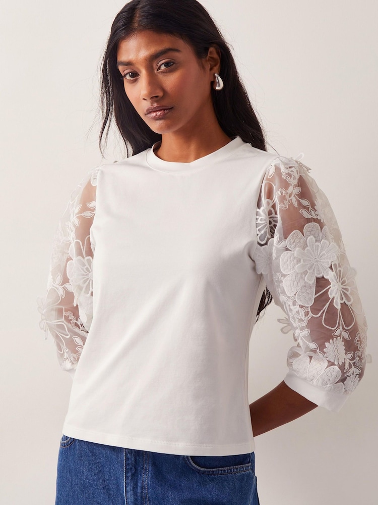 Monsoon Natural Fi Floral Print Sheer-Sleeve Top - Image 1 of 5