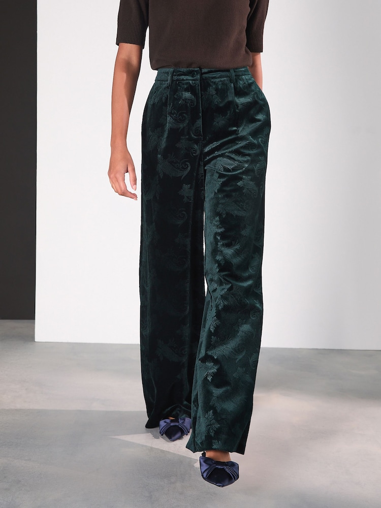 Green Velvet Embossed Wide Leg Trousers - Image 2 of 9 Green Velvet Embossed Wide Leg Trousers - Image 2 of 9