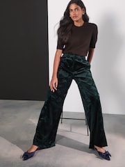 Green Velvet Embossed Wide Leg Trousers - Image 5 of 9
