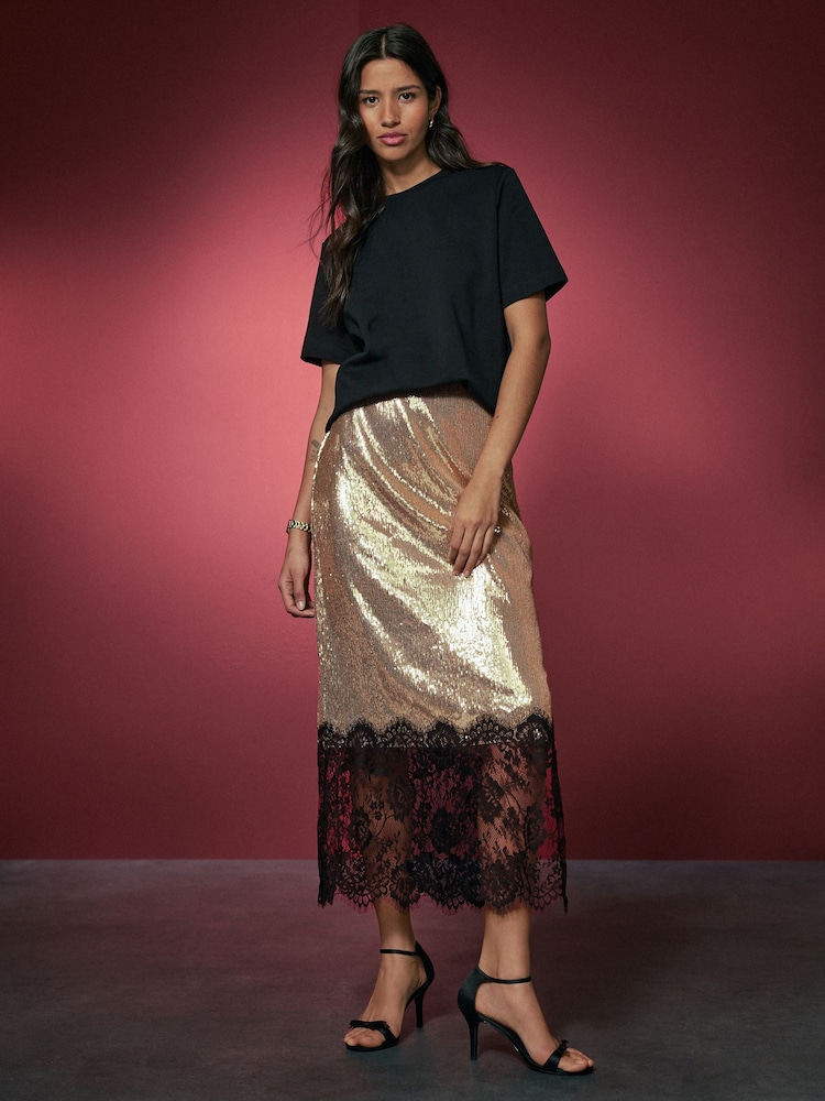 Gold Sequin Midi Skirt With Lace Trim - Image 2 of 8 Gold Sequin Midi Skirt With Lace Trim - Image 2 of 8