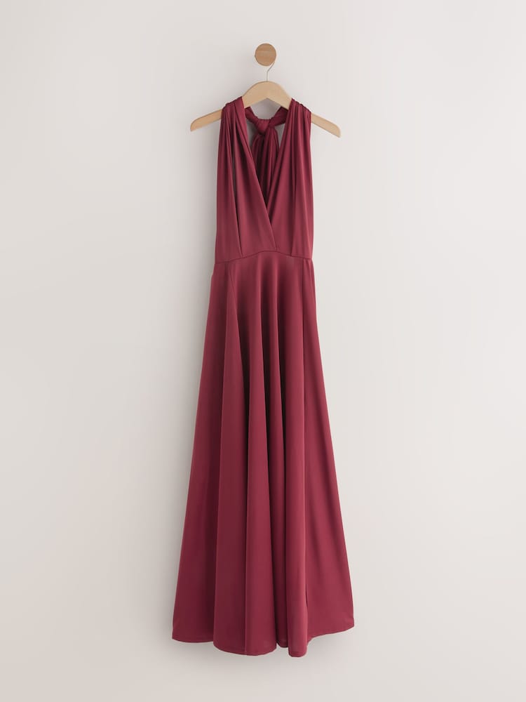 brown maxi dress plus size Women Plus Size Solid Maroon Halter Neck Sleeveless Crepe Flared Maxi Dress main image 0