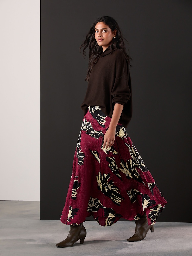 Jupe Longue EAST Velours Rouge Bordeaux - Taille 18 - Style Maxi Dévoré - Soie Mélangée