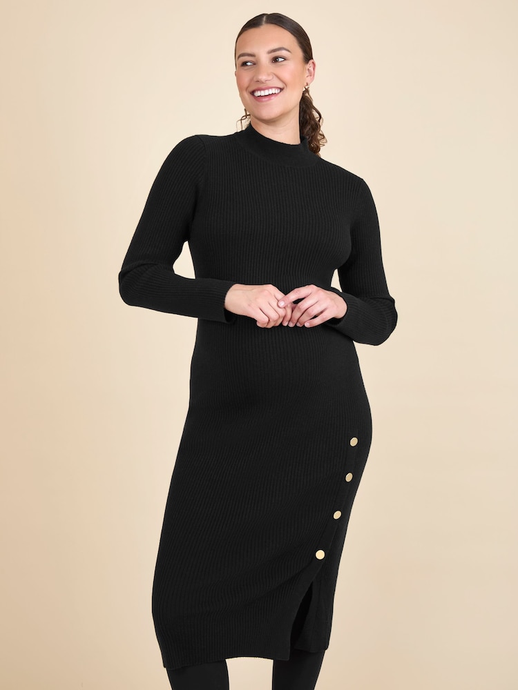 knee length dresses for ladies Black Asymmetric Hem Maternity Midi Dress – PinkBlush main image 0