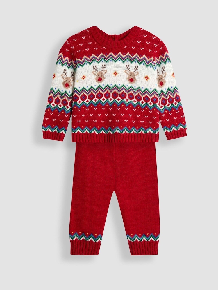 JoJo Maman Bébé Red Reindeer 2-Piece Christmas Fair Isle Jumper & Leggings Set - Image 1 of 6