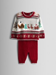 JoJo Maman Bébé Burgundy Red 2-Piece Christmas Fair Isle Jumper & Leggings Set - Image 1 of 6