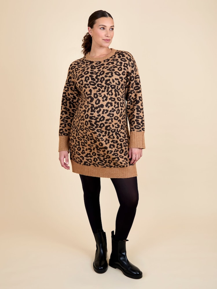 JoJo Maman Bébé Brown Animal Maternity Shift Mini Knitted Dress - Image 1 of 4