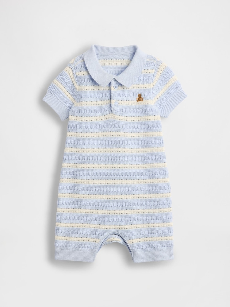 Gap Baby Blue/White Stripe Brannan Bear Baby Polo Jumper Shorty Rompersuit (Newborn-24mths) - Image 1 of 3
