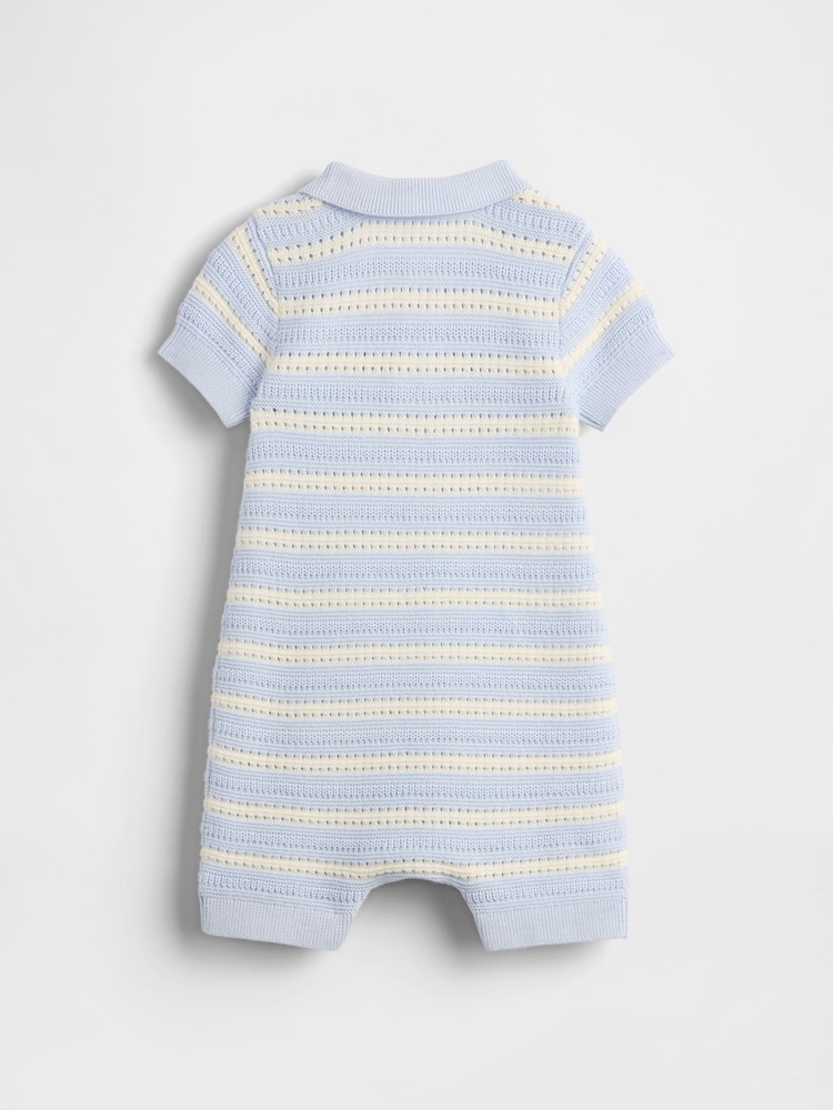 Gap Baby Blue/White Stripe Brannan Bear Baby Polo Jumper Shorty Rompersuit (Newborn-24mths) - Image 2 of 3