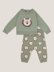 Monsoon Green Newborn Lion Print 100% Cotton Jumper and Leggings Set - Image 1 of 3
